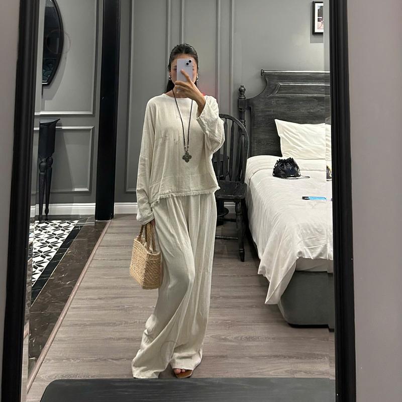  S213 Set bộ nữ quần ống suông và áo tay dài cánh dơi tua rua chất liệu linen bamboo freesize 