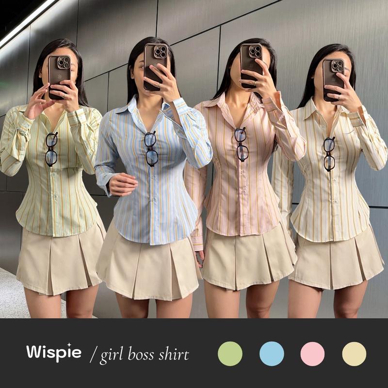 Wispie Girl Boss Fitted Shirt | Kemeja kerja wanita fit garis stripe karet Lembut pink hijau biru 0