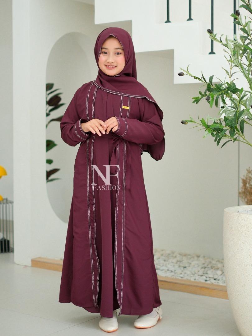 Khirana Gamis Abaya Anak Remaja Tanggung Usia 5-16 Tahun Bahan Sabrina Anti UV Kombinasi Benang Smock Baju Muslim Lebaran Size M L XL XXL