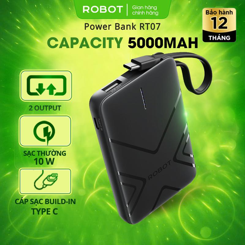  Pin Sạc Dự Phòng 10000 mAh ROBOT RT17 Tích Hợp Cáp Sạc Type C Cổng Ra USB | Bảo Hành 12 Tháng 