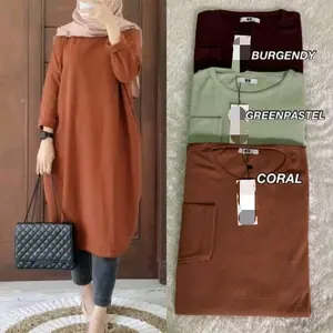 Tunik Waffle Knit Wanita Terbaru Oval Long Tunik Knit Premium Panjang All Size XL LD 100 Melar Bahan Waffle Premium Cocok untuk Hijaber
