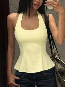 Top tipo tank color sólido con escote U y amarre en la espalda, con volante y encaje, sin mangas, ajustado, crop para damas, ideal para fiestas, citas, vacaciones y uso diario en verano.