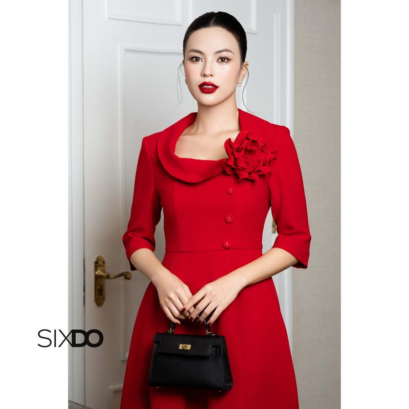 Đầm woven đỏ dáng xòe phối hoa 3D SIXDO