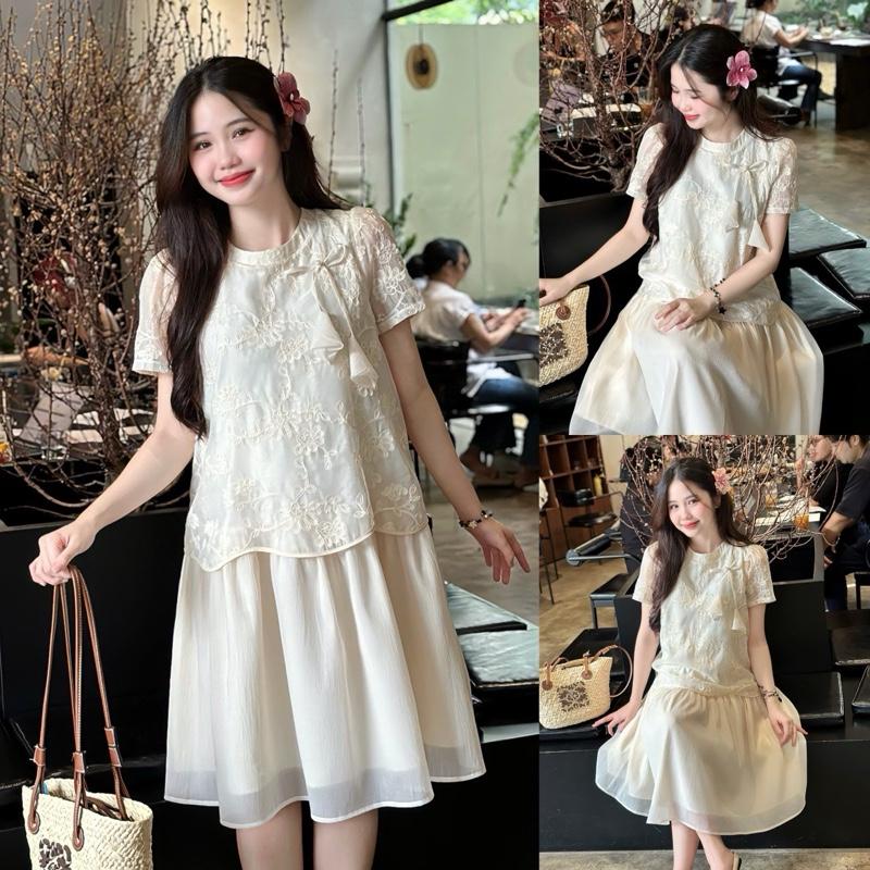 Đầm bầu Hachic tulip hoa thêu váy voan liền thân thanh lịch cho mẹ mang bầu và sau sinh, mang Tết sang chảnh