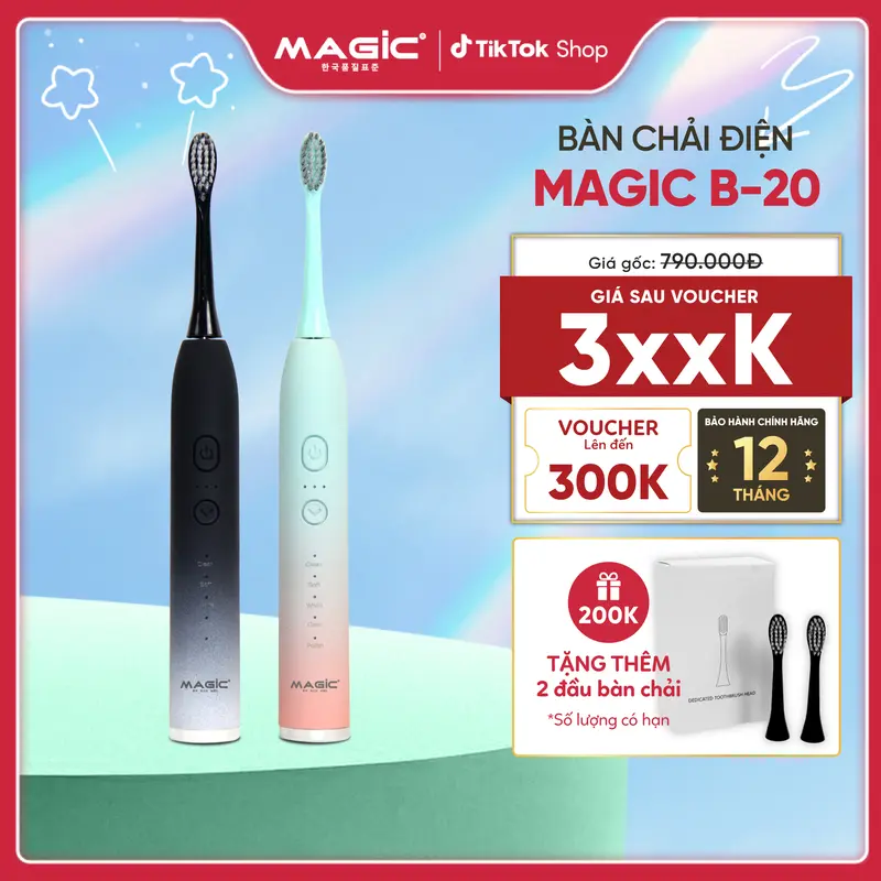 Bàn Chải Điện Magic B-20, Làm Sạch Êm Dịu, Đầu Lông Mềm, Bảo Hành 12 Tháng 0