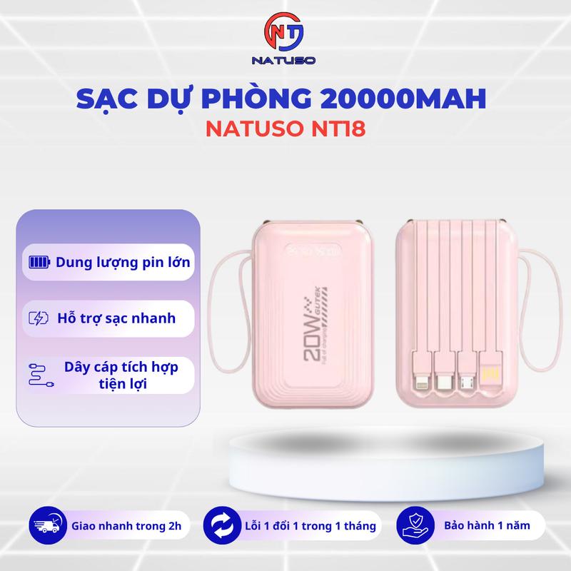 Pin Sạc dự phòng 20000mah nhỏ gọn có sẵn dây sạc điện thoại – Natuso NT18