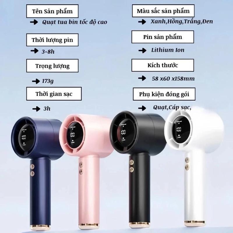 Quạt điện cầm tay mini 5000 mah, điều chỉnh 100 mức gió, có màn hình LED, sạc lại, màu xanh hồng đen trắng, pin lithium ion, thời lượng 3-8 giờ, trọng lượng 173g, kích thước 58x60x158mm