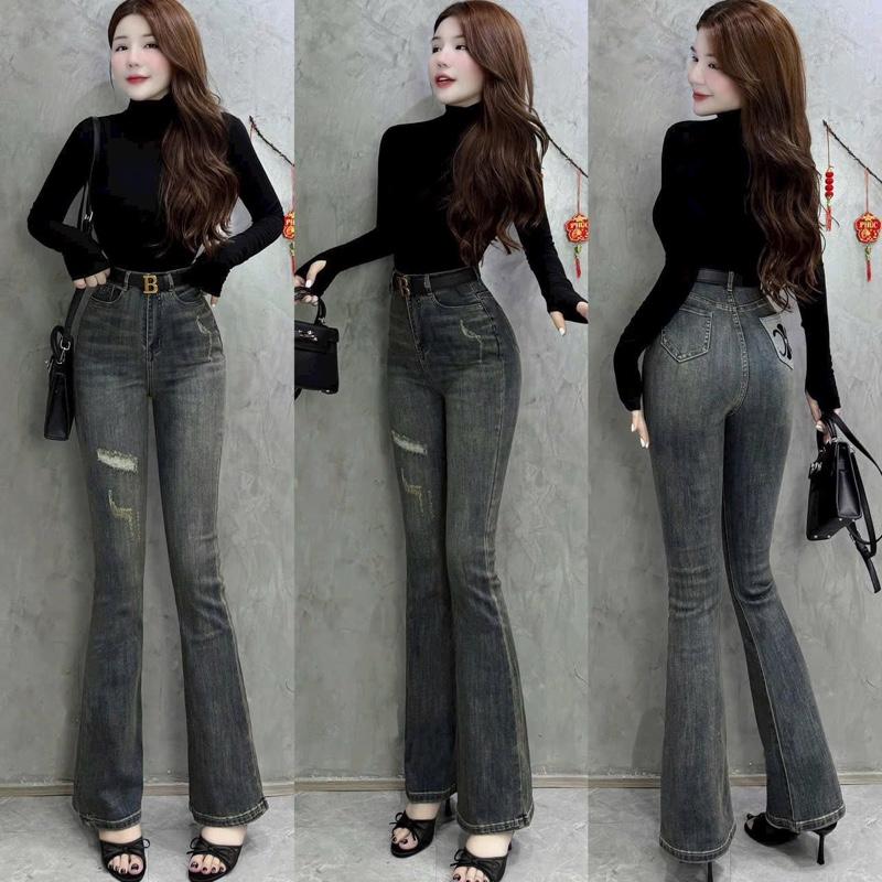  Quần ống loe jean nữ cạp cao 102cm rách xước nhẹ thời trang nữ hotgirl SML 