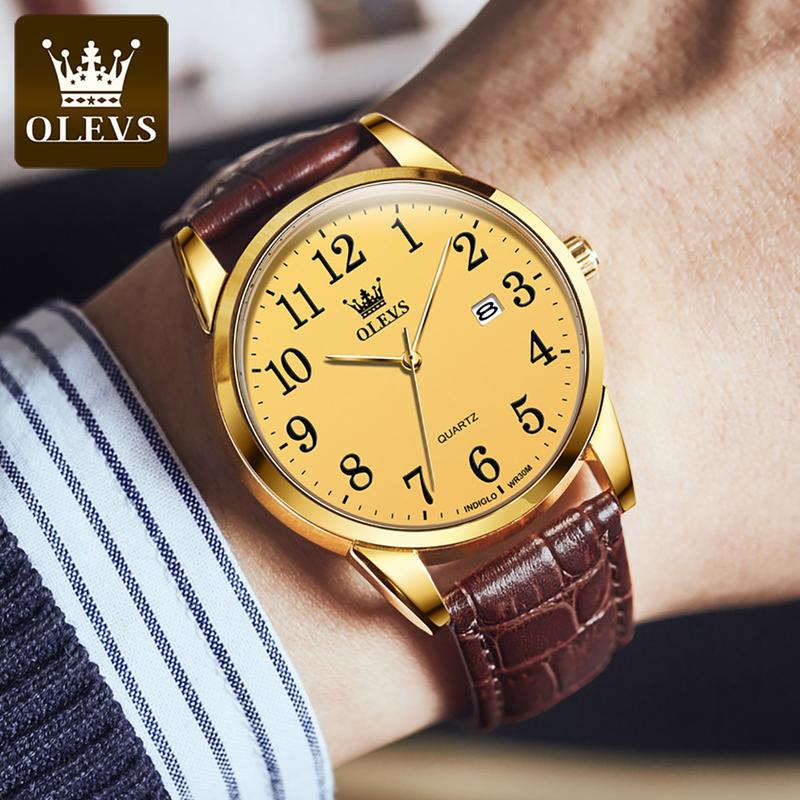 Đồng Hồ Nam, OLEVS, 100% Chống Thấm Nước 30m, Phong Cách Doanh Nhân, Dây Đeo Thắt Lưng Màu Nâu Da Thật, Mặt Số Thời Trang, Có Lịch Và Đèn Ngủ, Thương Hiệu Nổi Tiếng, Hỗ Trợ Bảo Hành, Nhiều Dây Da Có Sẵn, Mẫu 5566 1