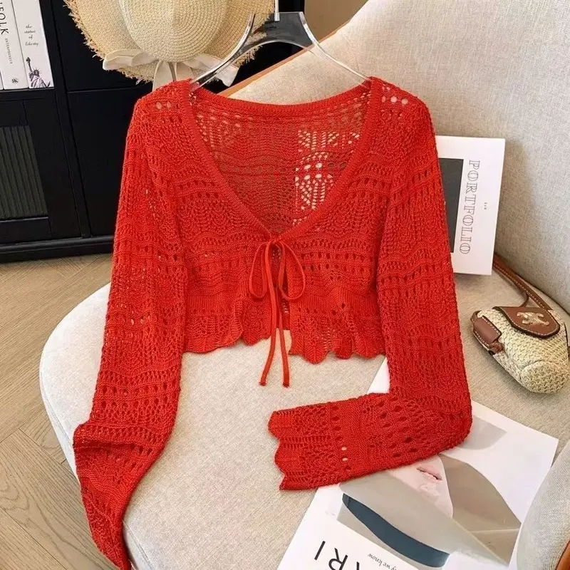 áo cardigan,áo lưới nữ form rộng,áo sweater,áo cardigan,áo sweater sw,áo lưới nữ sang chảnh,knitted blouse,Áo Choàng Dệt Kim Mỏng, OOTD-Thoáng Mát Mùa Hè, Áo Khoác Chống Nắng Ngắn Tay Cho Nữ, Phong Cách Phương Tây Mới, Áo Cardigan Khoét Lỗ Đan, Quần Áo Nữ 8