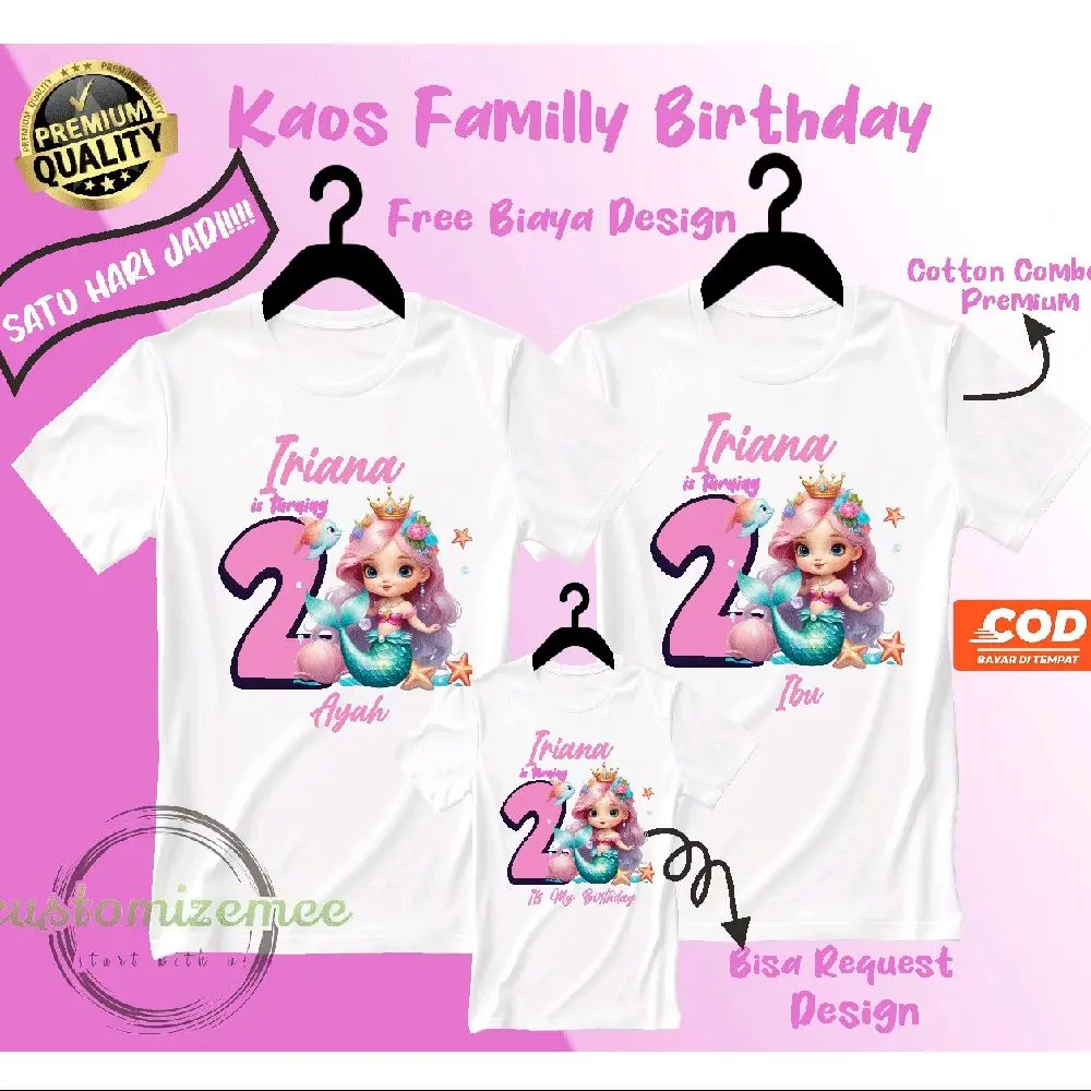 KAOS COUPLE FAMILY BIRTHDAY MERMAID/KAOS ULANG TAHUN ANAK DAN KELUARGA/KAOS CUSTOM ULANG TAHUN ANAK/KAOS COUPLE ANAK Combed Katun
