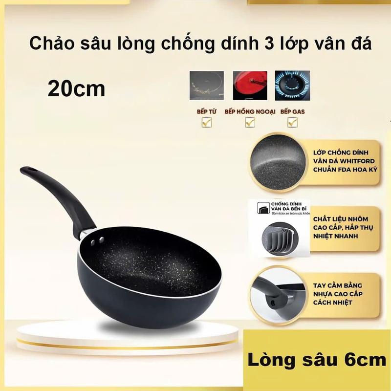 CHẢO CHỐNG DÍNH VÂN ĐÁ 3 lớp 20cm sâu lòng 6cm- CHẢO Dùng cho mọi loại bếp chiên, xào , nấu đa nắng