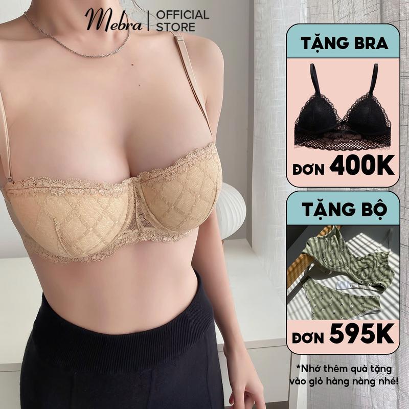 Mebra Áo lót ren nữ có mút nâng vừa 1.6cm dây vai tháo rời (bản mới) nửa quả cup ngang màu đen nu trắng trẻ trung gợi cảm