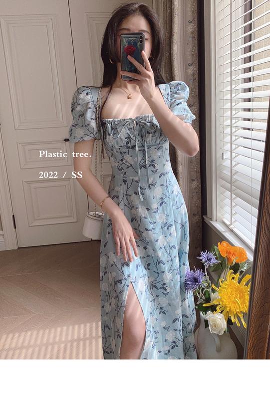 Product Introduction of phụ nữ ăn mặcĐầm Voan Pháp, In Hoa Mùa Hè, Cạp Cao Xẻ Tà, Hàng Mới Về Cho Nữ, Bó Sát Eo, Cổ Vuông, Tay bồng Hoa, Đầm Midi Dress Women 5