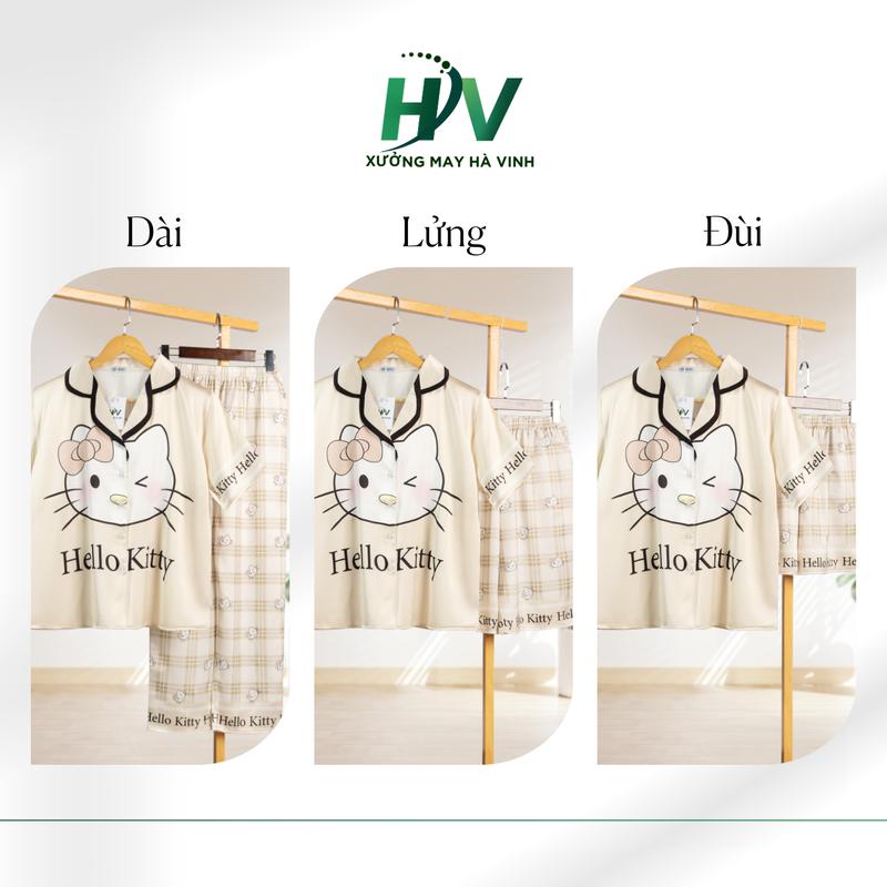 022 Bộ Cổ Bẻ Pijama Lụa Cao Cấp Họa Tiết Hello Kitty Chất Liệu Mềm Mịn Mát Mẻ Giữ Màu Bền Đẹp