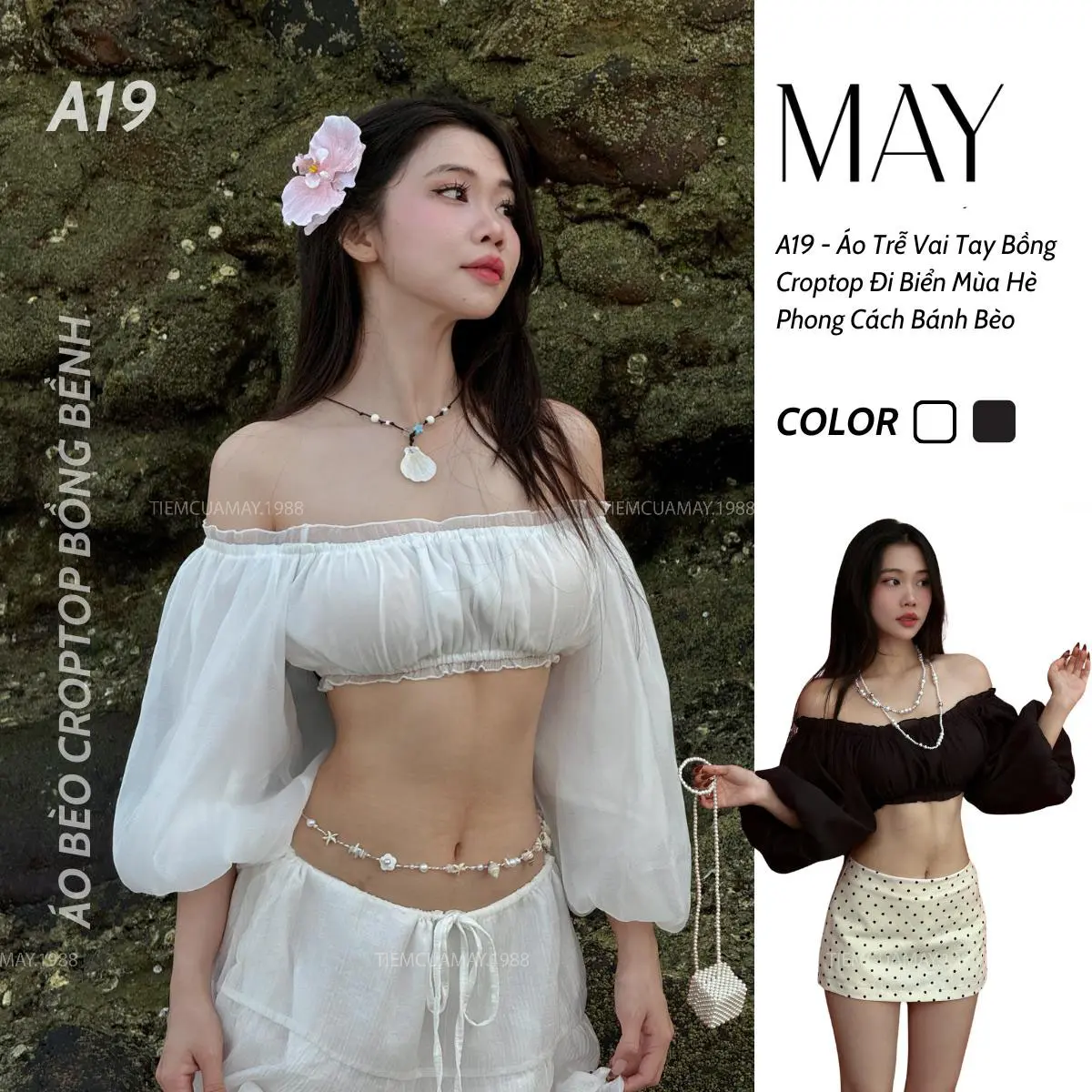 A19 - Áo Trễ Vai Tay Bồng Croptop Đi Biển Mùa Hè Phong Cách Bánh Bèo | BigBuy360 - bigbuy360.vn