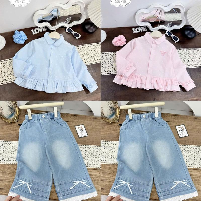 [Nini Kids]-DEAL MỞ BÁN  Sét áo dài tay thêu nơ phối bèo  kèm quần Jean đính nơ mềm cho bé Gái đủ size 10-35kg ( Sét áo dài tay+quần đính nơ)