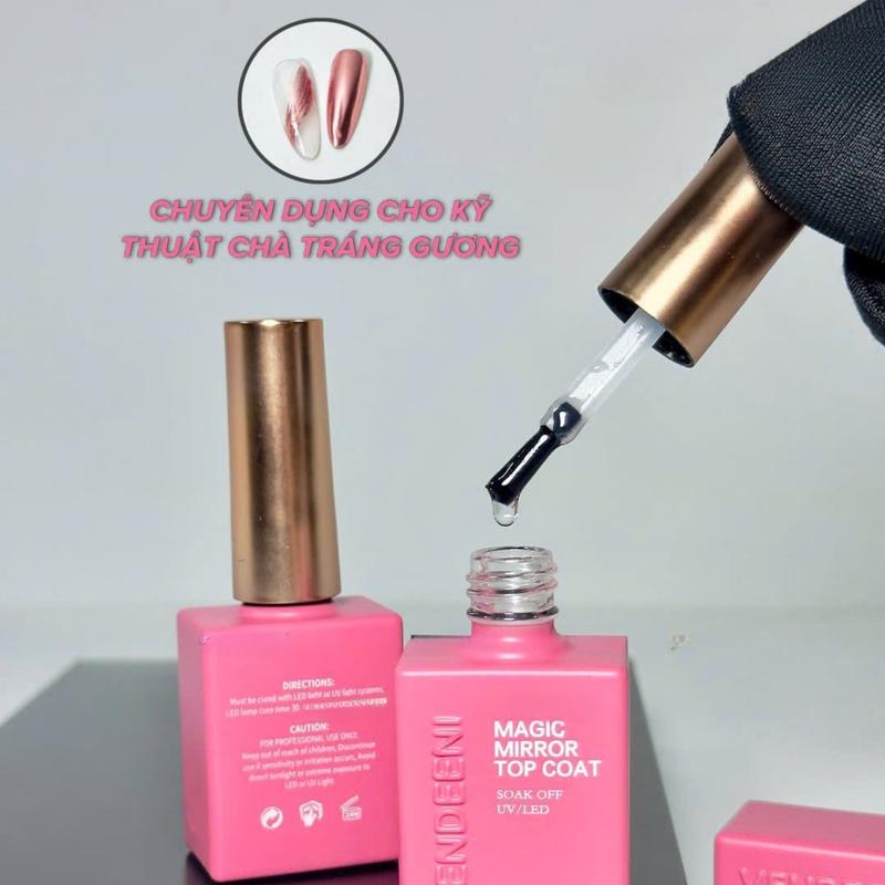 Top Bóng Chà Tráng Gương Vedeeni Làm Nail Chai 15ml Vỏ Đỏ Hồng, Sơn Gel Magic Mirror Top Coat Bám Bột Siêu Sáng, Bền Màu Móng Nữ Women