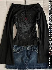 Top de moda y casual Y2K para mujer con estampado de estrella de cinco puntas, cuello redondo y manga acampanada