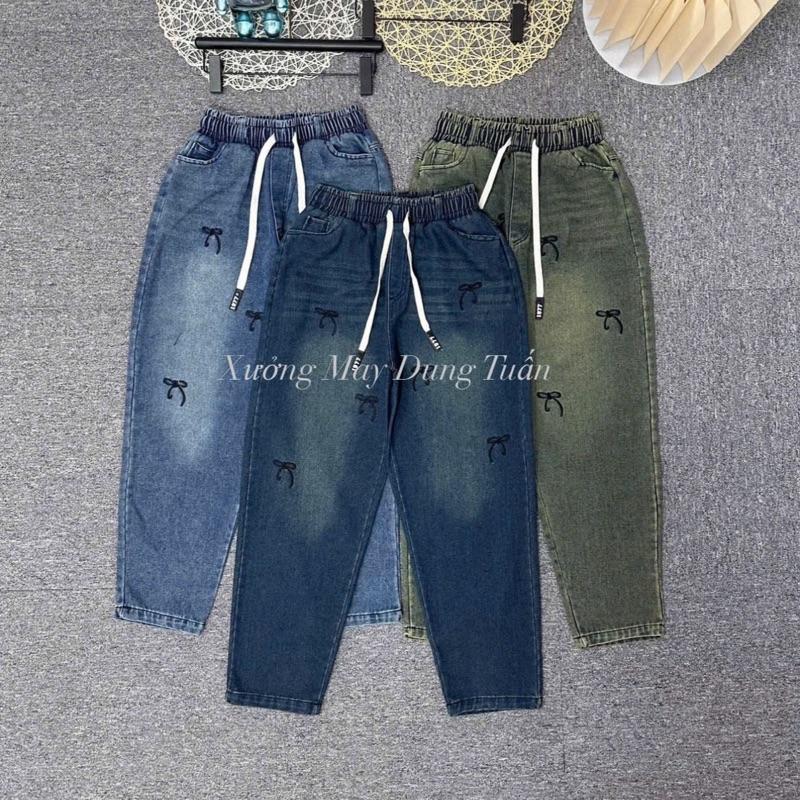 [Hót Mới B217] Quần Jeans Nữ Dáng Baggy Chất Bò Dày Mềm Cạp Cao Lưng Thun Thêu Hoạ Tiết Nơ Tràm Thân Xinh Xắn