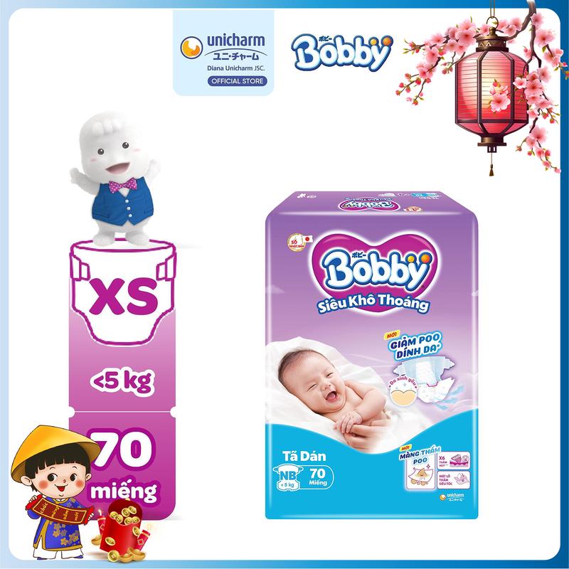 Bobby Tã bỉm dán sơ sinh XS70 lõi nén cotton-soft Siêu khô thoáng cho bé bao bì ngẫu nhiên