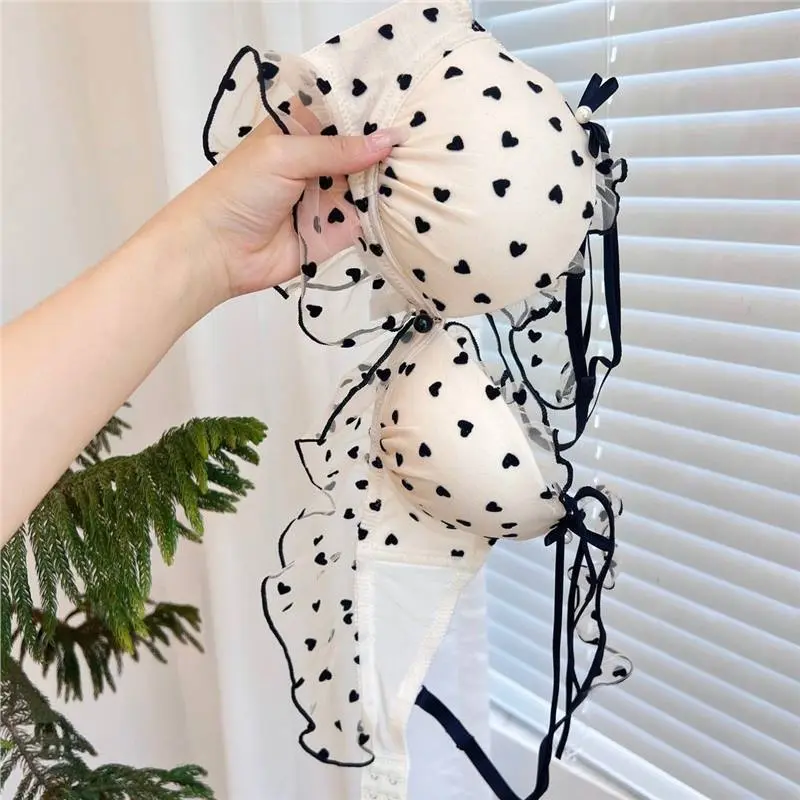Push Up Bra BH Pakaian Dalam Tanpa Kawat Underwear Set Celana Dalam Wanita Cewek Perempuan Dewasa Polkadot Love Imut Lucu Busa