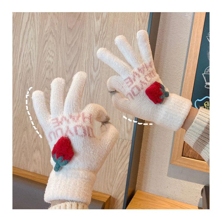 Product Introduction of Ins Winter Strawberry Touch Screen Gloves Warm-Keeping and Cold-Proof Cycling Cute Girl Plush Knitted Five Finger Gloves 0