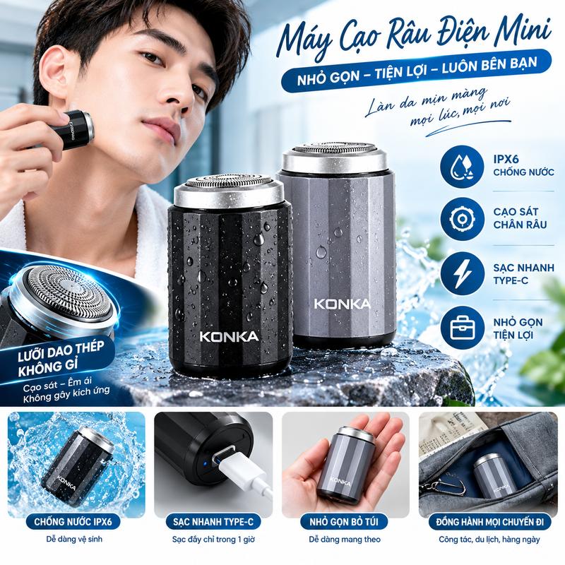 Máy Cạo Râu Điện Mini IPX6 Chống Nước, Cạo Sát Chân Râu, Sạc Nhanh, Nhỏ Gọn Tiện Lợi, Dễ Mang Theo