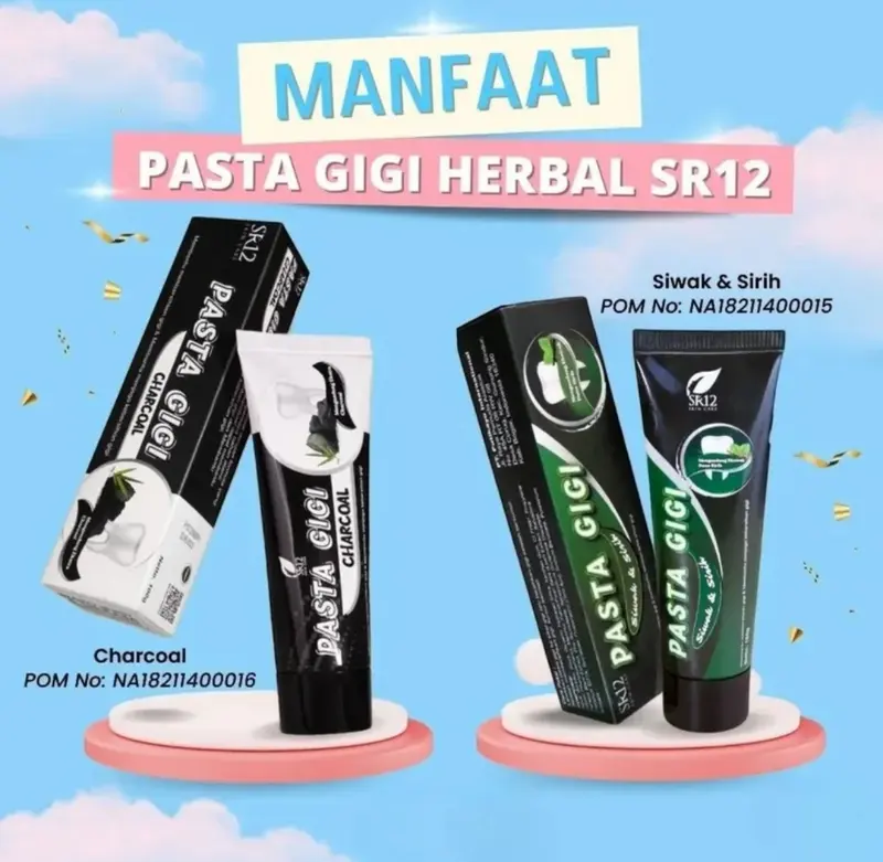 Pasta Gigi Charcoal & Siwak SR12 - Pemutih Gigi Penghilang Bau Mulut & Plak - Formula Herbal Alami - No BPOM NA18211400015 & NA18211400016 1