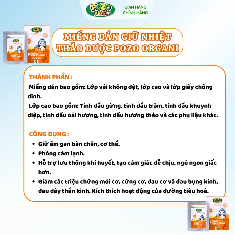 Miếng Dán Giữ Nhiệt Thảo Dược POZO ORGANI - Giữ Ấm Gan Bàn Chân, Hỗ Trợ Ngủ Ngon, Phòng Cảm Lạnh, Hỗ Trợ Lưu Thông Khí Huyết - Hộp 20 Miếng 1
