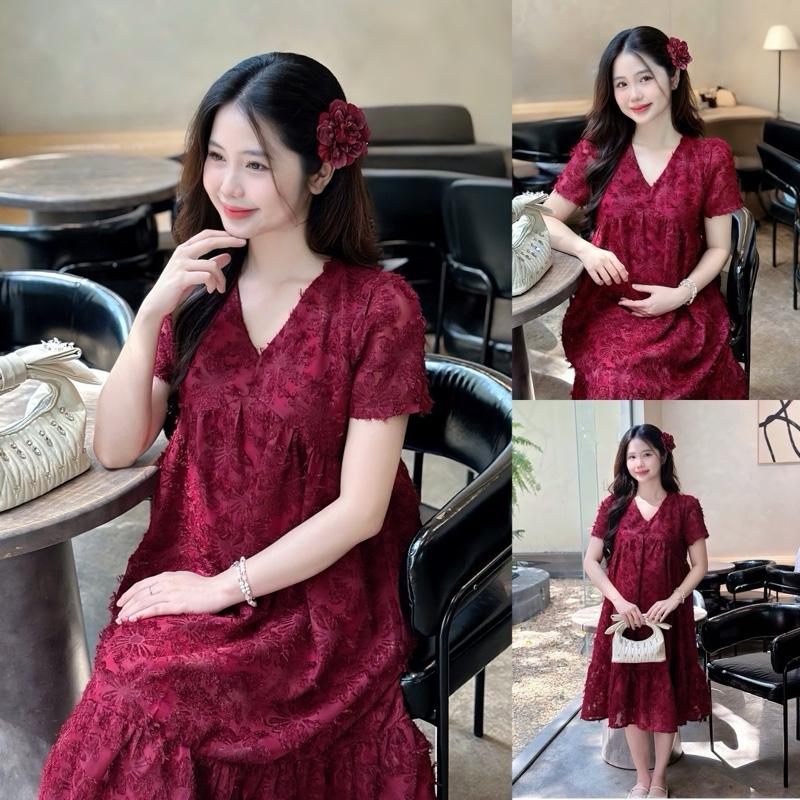  Đầm bầu Velvet cổ v chất voan thêu nổi đuôi cá  2 lớp  sang trọng cho mẹ đi tiệc đi làm 