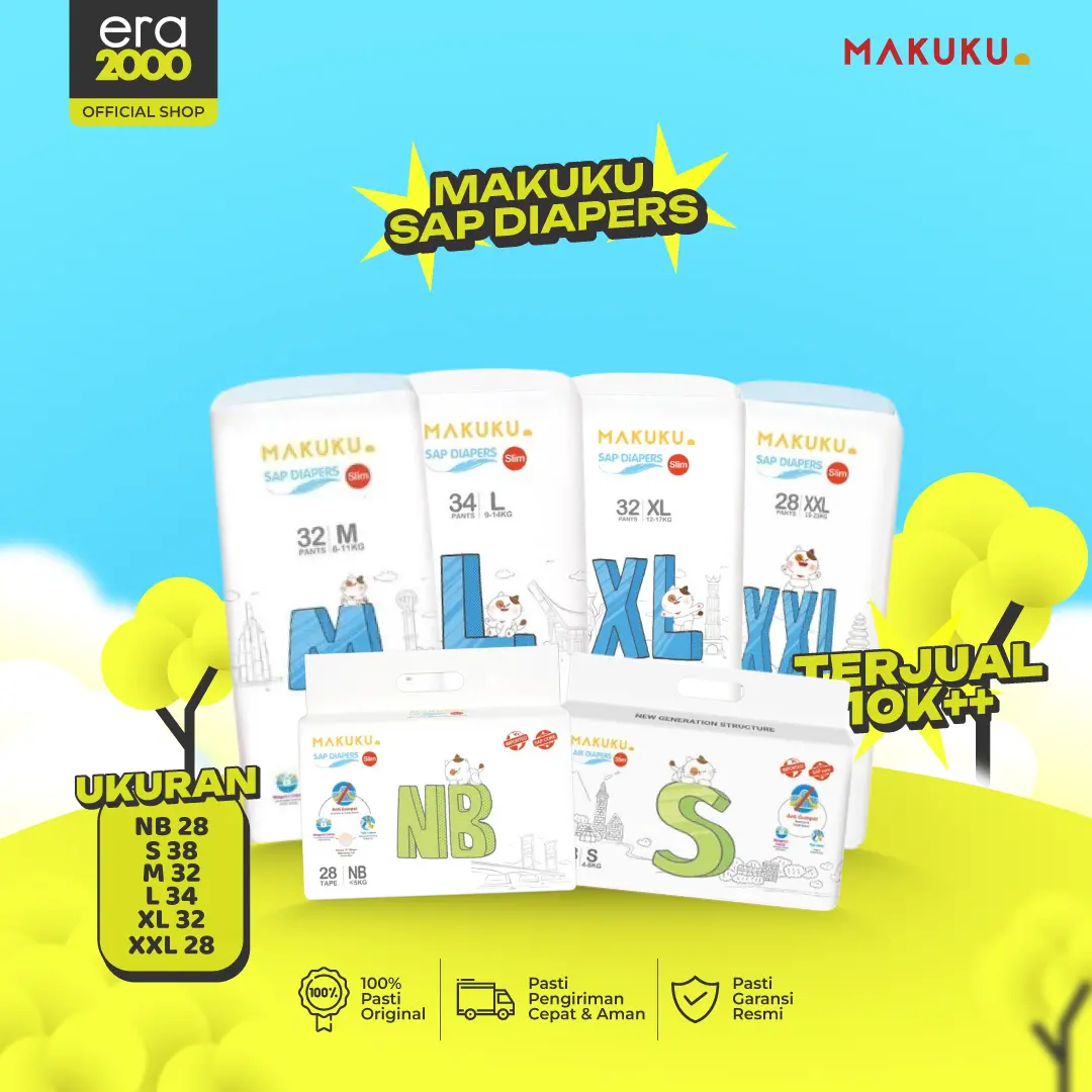 [1 PACK] Makuku SAP Diapers Slim Tape/Pants NB52/S38/M32/L34/XL32/XXL28 | Popok Bayi Tipis Cepat Kering Pampers Anti Gumpal Tipe Perekat dan Celana