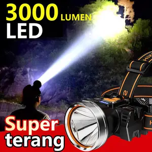 Headlamp LED 3000 Lumen Super Terang Senter Kepala Cas USB Tahan Lama Fokus Cahaya Bisa Diatur Lampu Kepala Outdoor Camping Memancing Kerja Mendaki