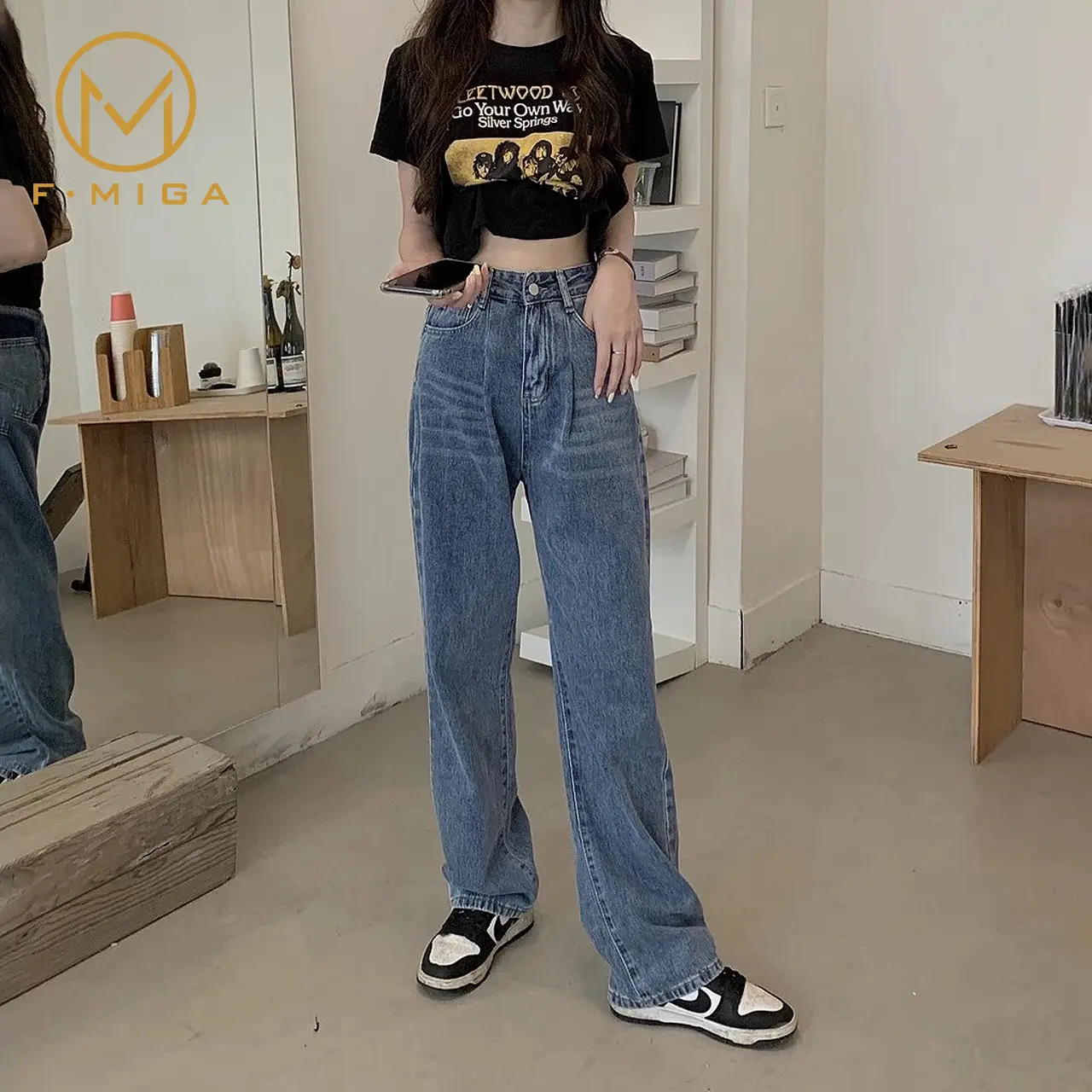 F·MIGA C27 Korea Style High Waist Loose Straight Kulot Celana Jeans Wanita Boyfriend Bagy Jeans