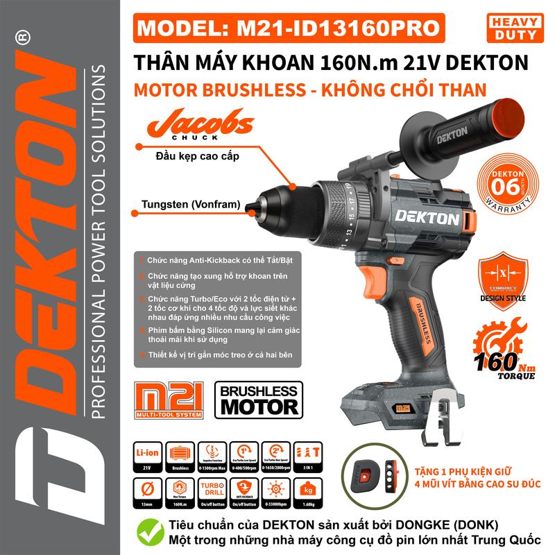 Máy Khoan 3 Chức Năng Dekton M21-ID13160PRO / Brushless / Lực Siết 160Nm / Anti-Kickback / Tạo Xung / Chân Pin Phổ Thông Makita