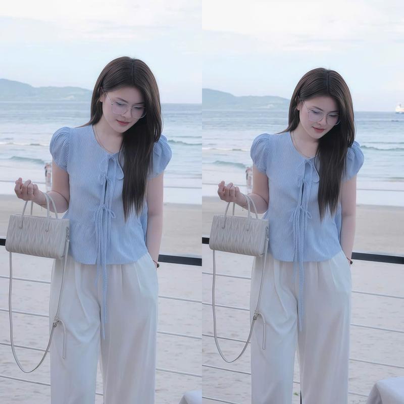Set đồ nữ áo sọc cổ tròn tay phồng cột dây nơ phối quần dài ống suông xinh xắn duyên dáng dễ thương phù hợp cho các nàng diện đi du lịch