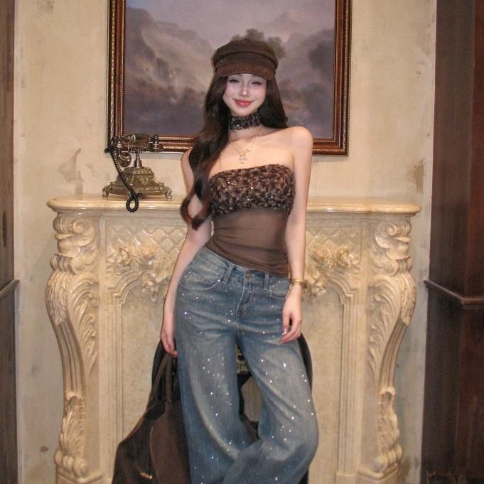 Áo croptop nữ phong cách Mỹ gợi cảm với sequin thiết kế quây ôm sát chất liệu lưới phối màu dáng ngắn tôn dáng cho mùa thu đông