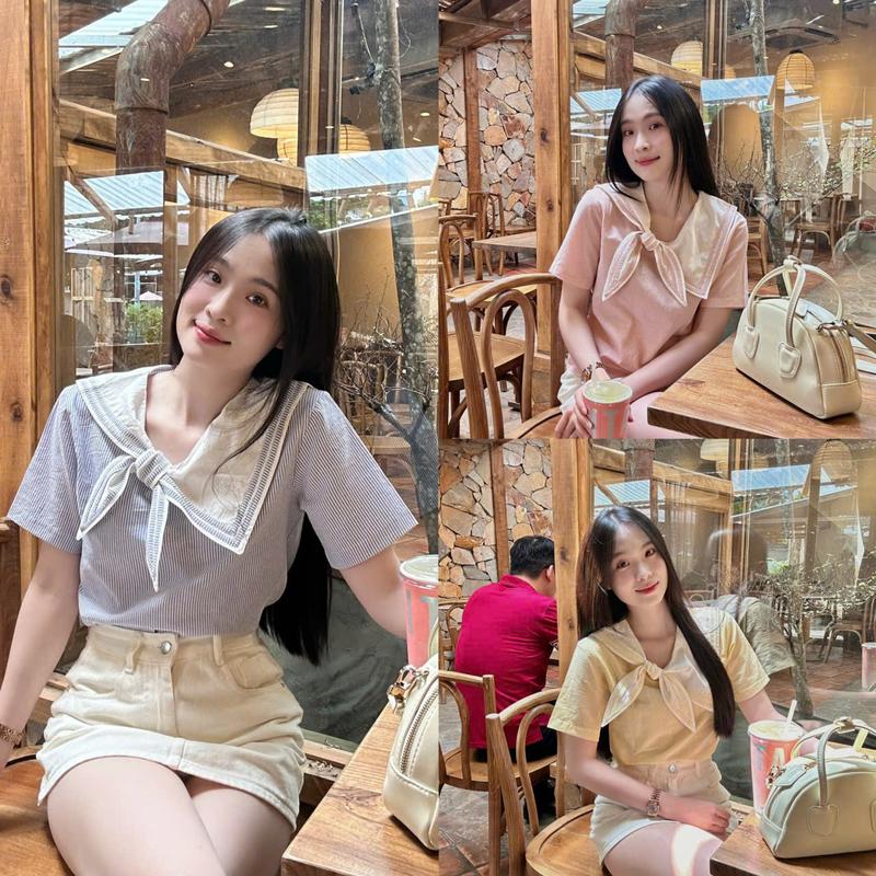 Áo sơ mi nữ thủy thủ viền sọc cột nơ lệch cổ tay ngắn trẻ trung LAMO - B1438