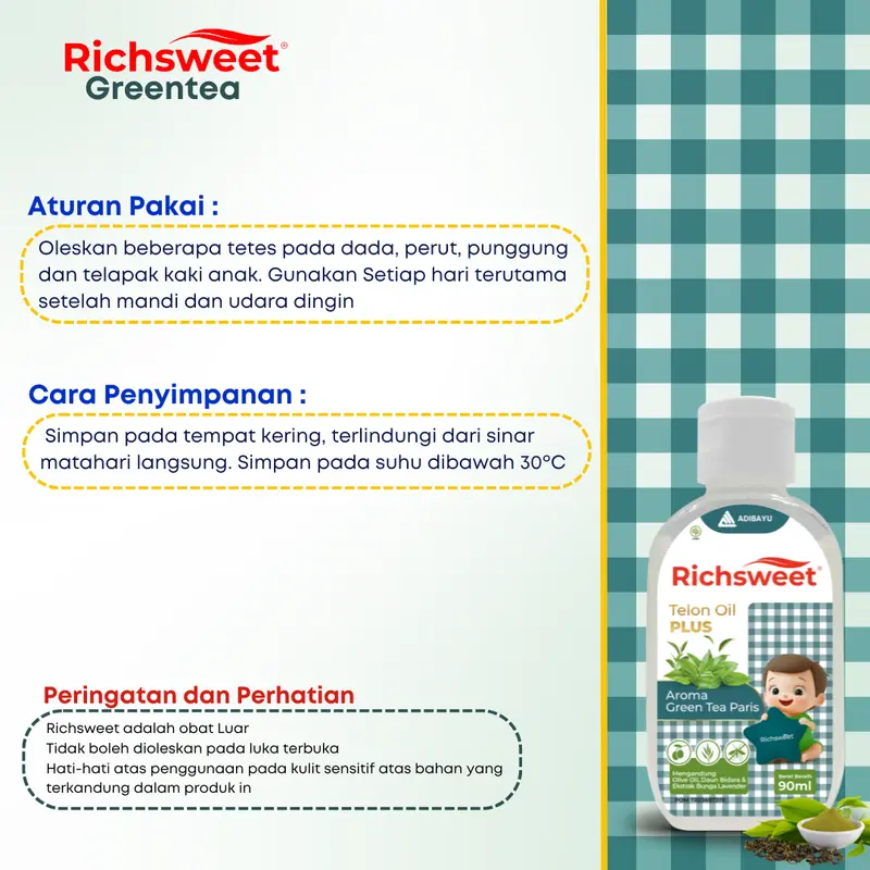 Richsweet Minyak Telon Plus Aroma Green Tea 90ml | Perlindungan sampai 12 Jam Anti Nyamuk + Ekstrak Daun Bidara 4