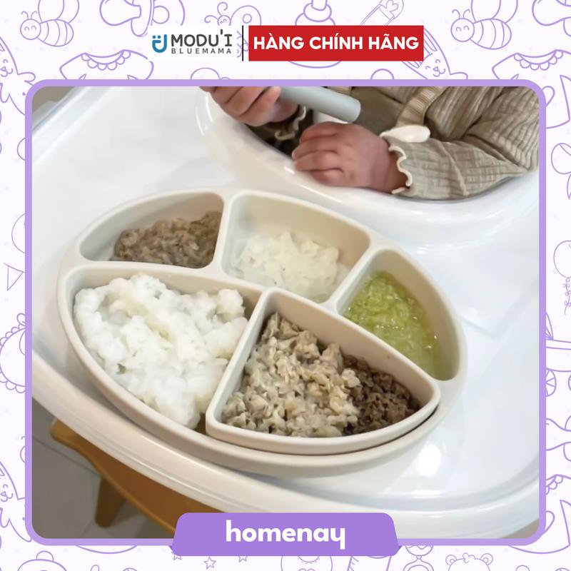 Khay Ăn Dặm Silicon bạch kim cao cấp Modu'i Bluemama Chính Hãng- 4 ngăn Đế Hít, Kháng Khuẩn