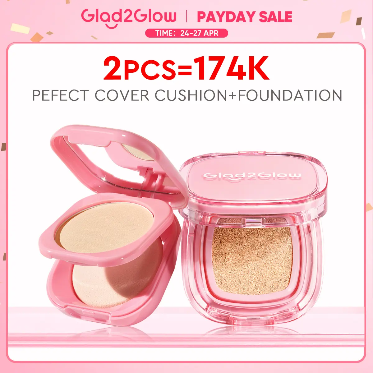 [New] Glad2Glow 2in1 Makeup Combo Set Perfect cover cushion+Perfect Powder Foundation dengan kandungan skincare mencegah kekusaman dan kulit kering sepanjang hari G2G Concealer Foundation Wajah Extract Mencerahkan Long Lasting Compact Waterproof