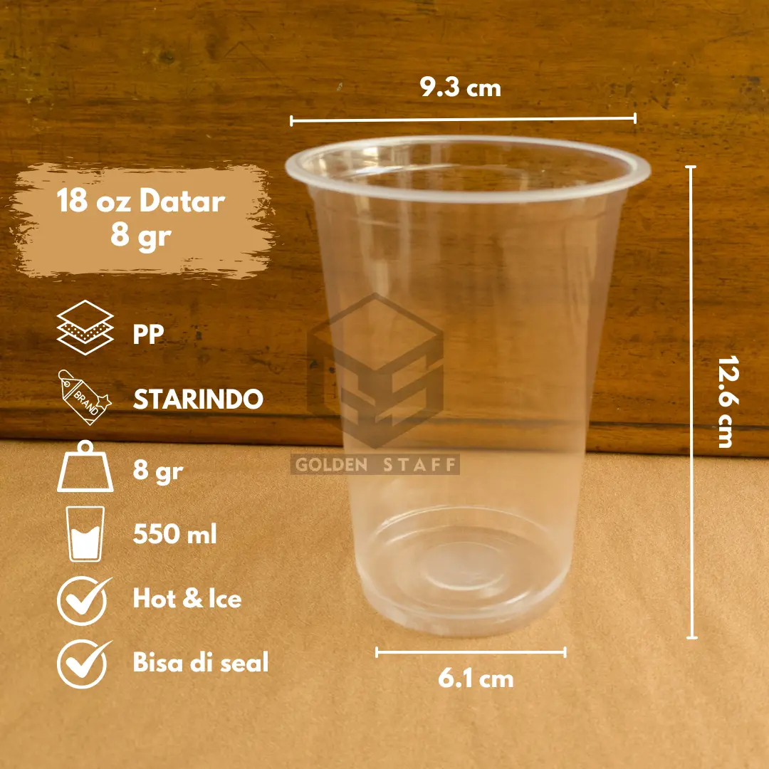 (50 pcs) Gelas Plastik Cup Datar | PP 18 oz 8 g | Merk Starindo | Hot & Ice | Bisa di Seal