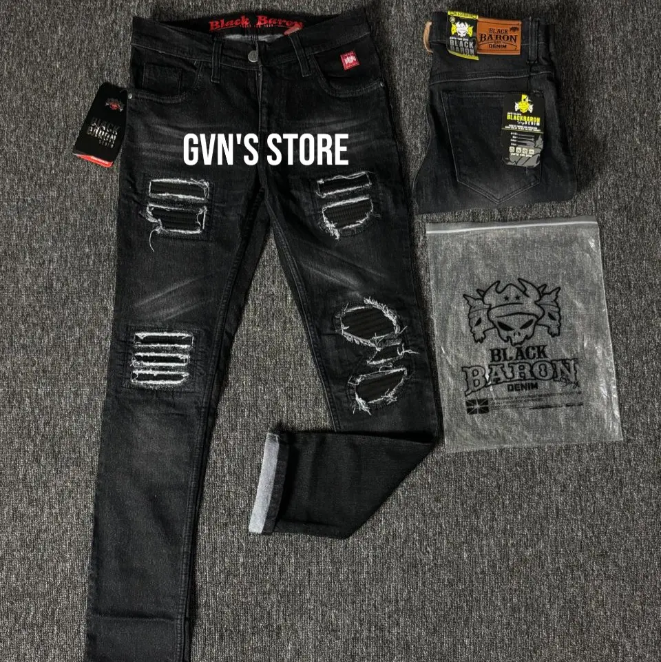 celana jeans pria panjang ripped tambal biker R1 brand black baron original slimfit strech Skinny Cowok Stretch Motif Nyaman Hitam Melar Keren Denim