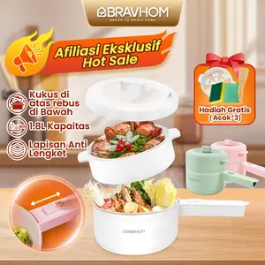 (COD)【Afiliasi Eksklusif】Bravhom Panci listrik cooking pot multifungsi berdaya dua kecepatan yang dapat disesuaikan dengan lapisan non-stick keramik 1.8L Gratis Spons, Steamer, Spatula Kayu Putih wajan elektrik pancilistrik 2liter electric  pot