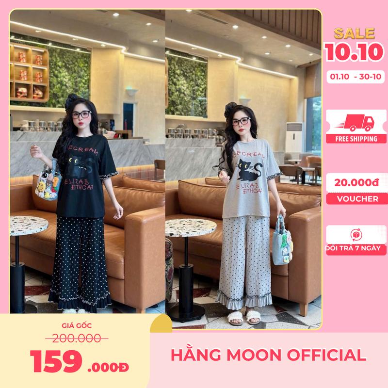 Set Đồ Nữ BigSize, Set Bộ TĂM LẠNH From Dáng Rộng In Mèo Đen Chữ Đỏ Mix Quần Suông Họa Tiết Chấm Bi Phối Chân Bèo Siêu Đẹp