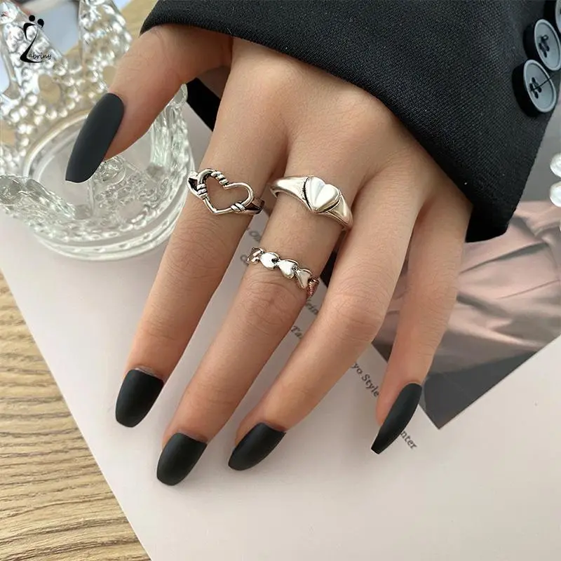 【lingerly】3pcs Cincin Model Terbuka Desain Gelombang Hati Warna Silver Gaya Vintage Untuk Wanita Z 0