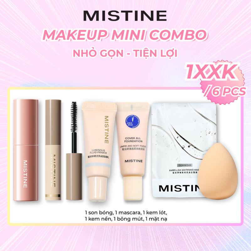 T-C-combo 6 T-C COMBO 6 MISTINE COMBO 6 MÓN MAKEUP MINI Nhỏ gọn tiện lợi 1 Son Bóng 1 Mascara 1 Kem Lót 1 Kem Nền 1 Bông Mút 1 Mặt Nạ
