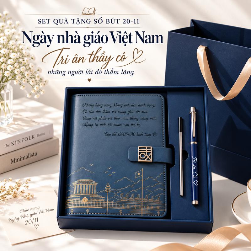 Set hộp quà tặng Sổ Da Cao Cấp Kèm Bút Ký Và Ngòi Bút khổ A5 - 200 trang. Quà tặng sinh nhật, quà tặng thầy cô nhân ngày nhà giáo Việt Nam