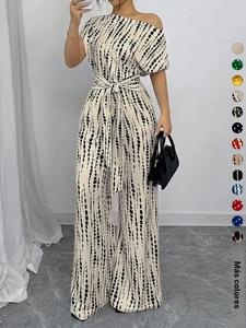 Mono estampado para mujer con frente con lazo, cuello asimétrico, ideal para primavera y otoño, ropa femenina para uso diario