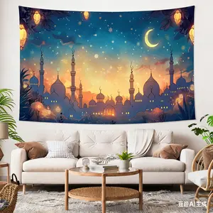 Hiasan dinding Kain Background Lebaran Masjid Lentera Papercraft 3D Cahaya Hangat Dekorasi Foto Acara Ruang Tamu